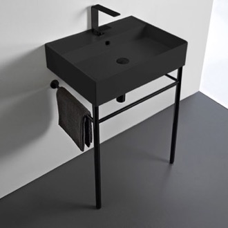 Console Bathroom Sink Matte Black Ceramic Console Sink and Matte Black Stand, 24